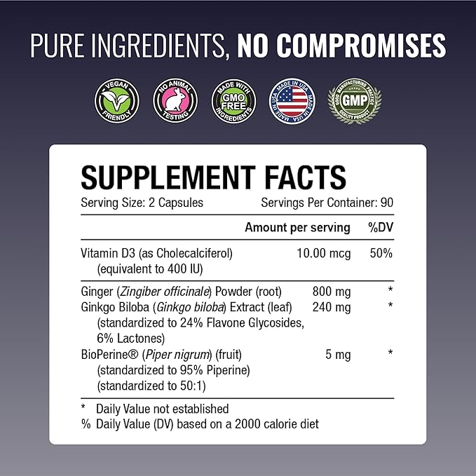 Approved Science VertiSyl - Ginkgo Biloba, Ginger, Vitamin D3, BioPerine - 180 Capsules - 3 Month Supply