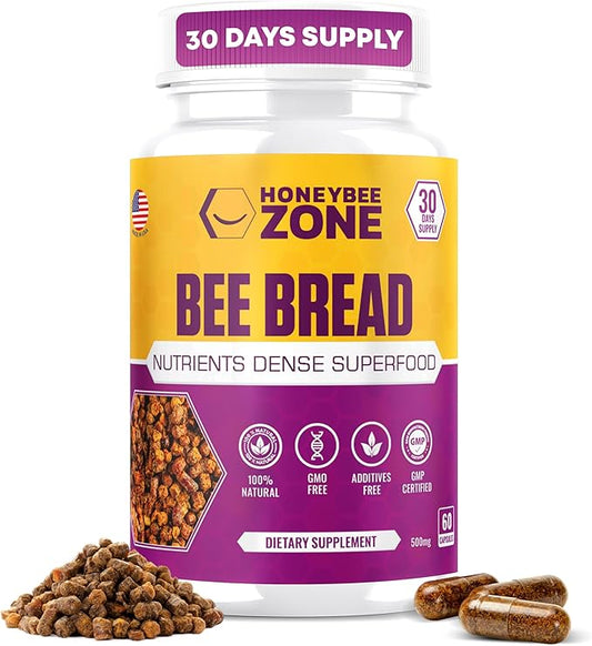 Bee Bread Capsules – Nutrient-Rich Superfood for Energy Boost, Immune Support Supplement | Non-GMO, Gluten-Free, 60 Easy-to-Swallow Veggie Capsules