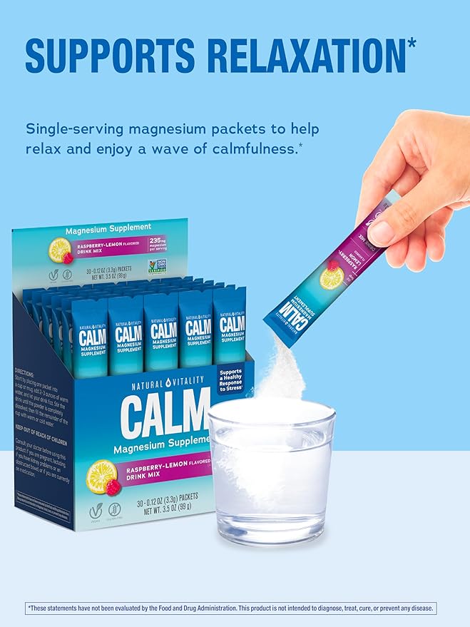 Natural Vitality Calm, Magnesium Citrate Supplement, Anti-Stress Drink Mix Powder - Gluten Free, Vegan, & Non-GMO, Raspberry Lemon, 0.12 oz, 30 Packets