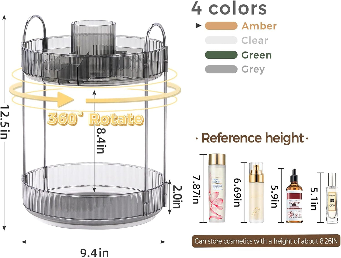 360° Rotating Makeup Organizer, Upgraded 2 Tier Skincare Perfume Organizers for Women, Bathroom Organizer Countertop, Clear Cosmetic Dresser Organizer with Makeup Brush Holder, Sink&Counter(Grey)