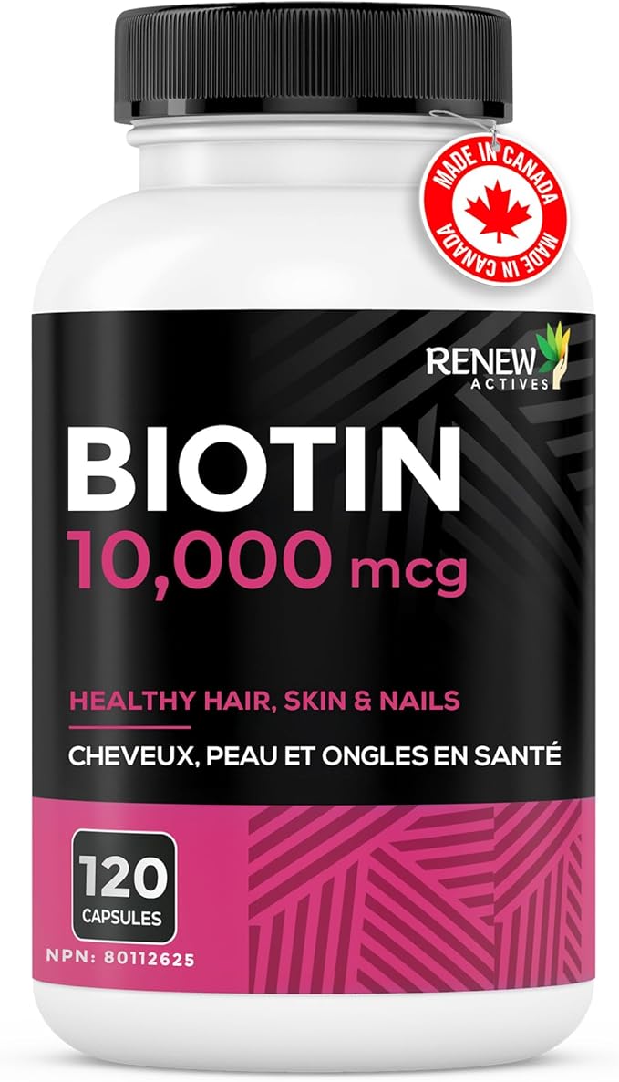 Renew Actives Biotin & Calcium 10000MCG per Serving – Supplements for Hair, Nail & Skin Care – Promotes Bone & Teeth Health – Helps Prevent Biotin Deficiency - Made in Canada – 120 Capsules