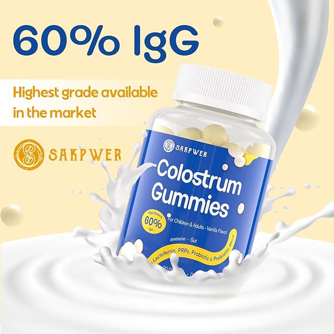 Bovine Colostrum Supplement Gummies - with 60% Highest IgG, Lactoferrin, Probiotics and Prebiotics for Adults and Kids, Vanilla Flavor & Sugar Free, 2 Pack