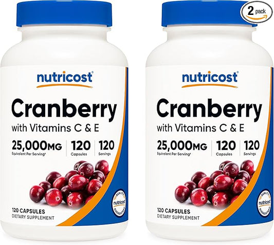 Nutricost Cranberry Extract 25,000mg (120 Servings) 2 Bottles with Vitamin C and Vitamin E