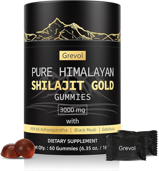 Pure Himalayan Shilajit Gummies: Gold Grade Shilajit Riched with Ashwagandha Fulvic Acid & 85+ Trace Minerals - No Added Sugar - Individually Wrapped - for Men & Women - 60 Gummy