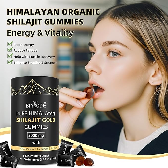 Pure Himalayan Shilajit Gummies: Rich in Ashwagandha, Gaulshura, Fulvic Acid, 85 Micronutrients. Suitable for Men. No Added Sugar. Non-GMO. 100% Natural Organic. 60 Gummies.