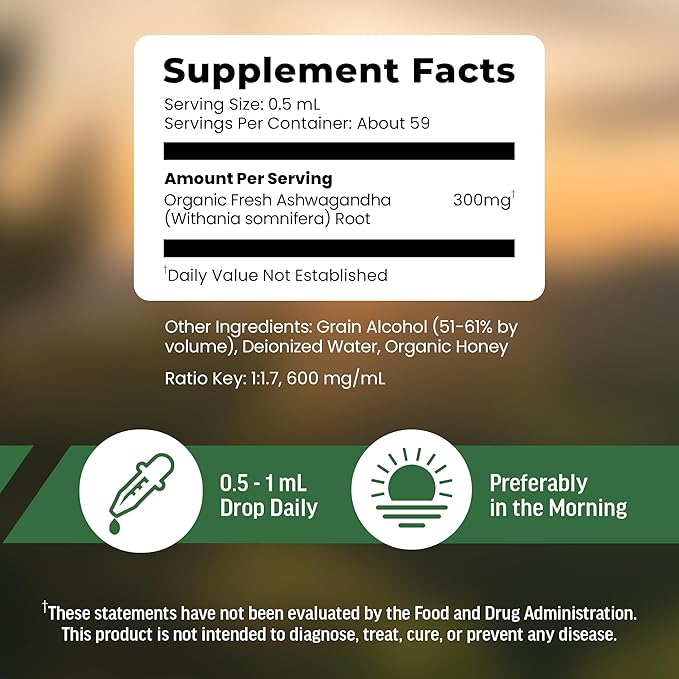 BIOACTIVE Liquid Ashwagandha Drops - Testosterone Health Supplement* - Adaptogen for Stress Support, Men’s Wellness - Organic, Vegetarian, Gluten Free, Non-GMO, 59 Servings (1 Oz, Honey)