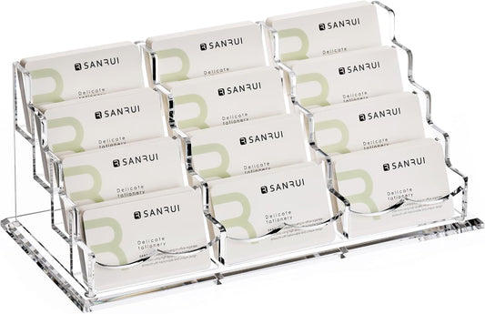 YUXUN Business Card Holder Display for Desk, Clear Acrylic Cards Stand for Women and Men 12 Slots 4 Tier 1 Pack (12slots)…