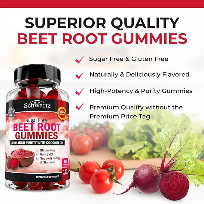 Sugar Free Beet Root Gummies - Nitric Oxide Gummies Infused with Coconut Oil for Highest Absorption - Supports Energy & Whole Body Health - Delicious Strawberry Flavor - 120 Count (60 Day Supply)
