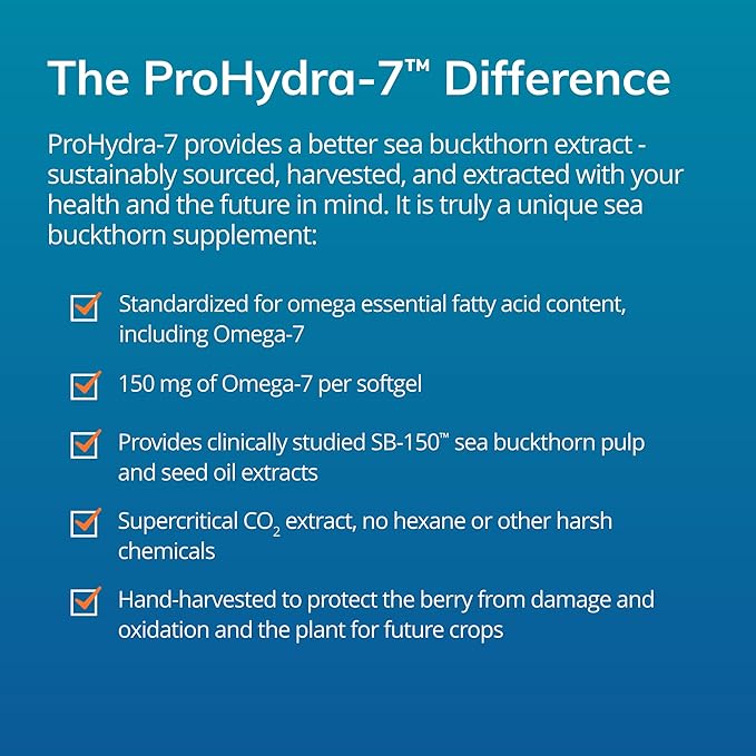 EuroMedica ProHydra-7 - Skin Health Support Supplement with Omega-7 Sea Buckthorn Oil - Nutritional Supplement - Essential Fatty Acid Supplement - 60 Softgels (2 Pack)