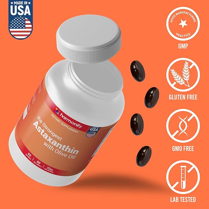 Astaxanthin 12mg, Vegan Supplement with Olive Oil, Microalgae-Based, 60 Softgels