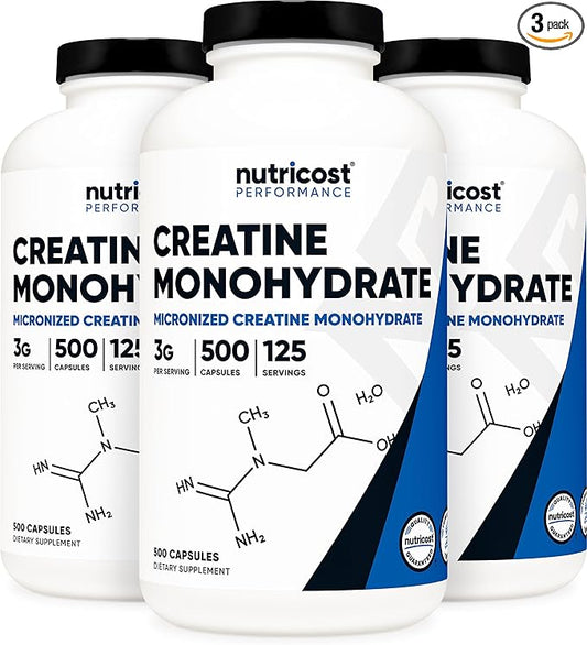 Nutricost Creatine Monohydrate 3000mg (750mg Per Cap), 500 Capsules (3 Bottles)