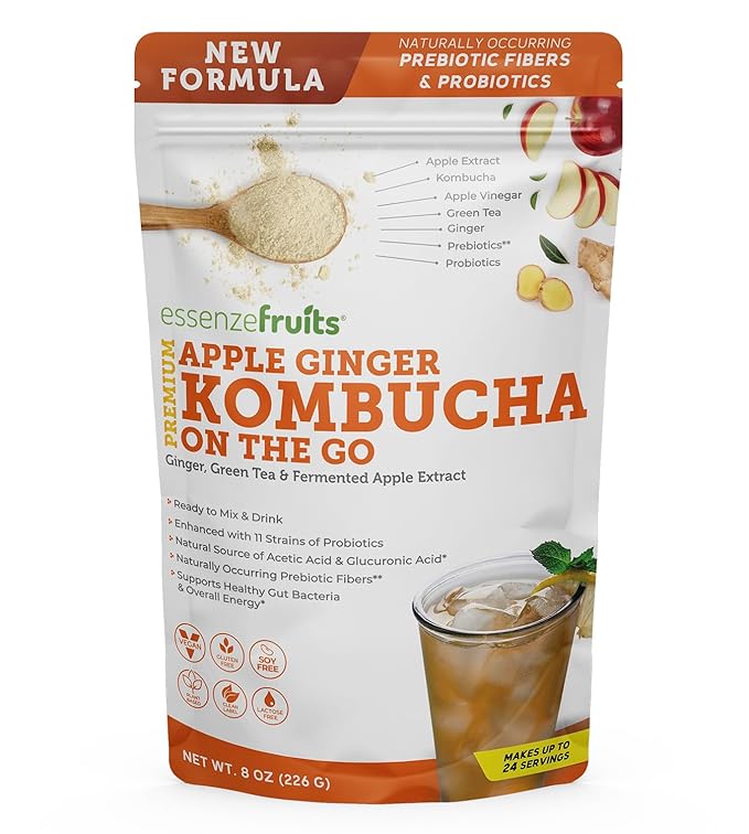 Essenzefruits Apple Ginger Kombucha Powder Tea Mix Beverage – Sugar Free, Fermented & Dried - Just Add Water! Live Probiotics & Prebiotic Blend, Vitamin C - Makes up to 30 Cups (8 Oz, 226g)