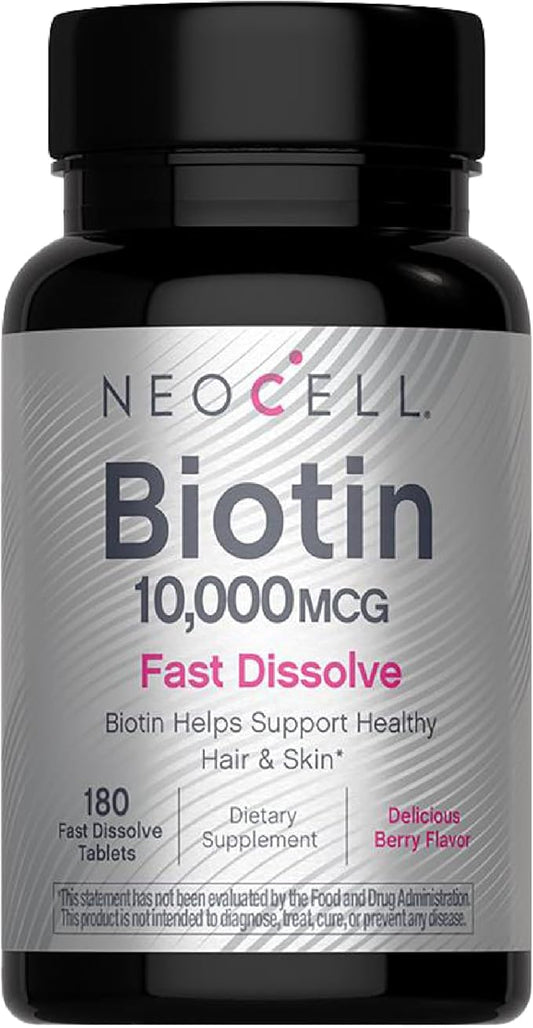 NeoCell Biotin 10000mcg Fast Dissolve Tablets | 180 Count | for Women and Men | Berry Flavor Supplement | Hair, Skin, and Nails