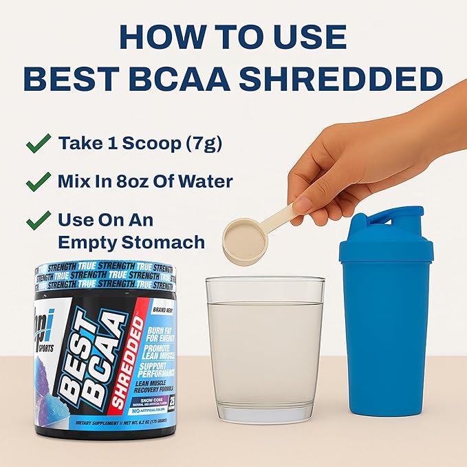 BPI Sports Best BCAA Shredded - Caffeine Free Thermogenic Recovery Drink, Lean Muscle Building BCAA Powder For Women and Men, Preworkout BCAAs Amino Acids Drink- Snow Cone - 25 Servings