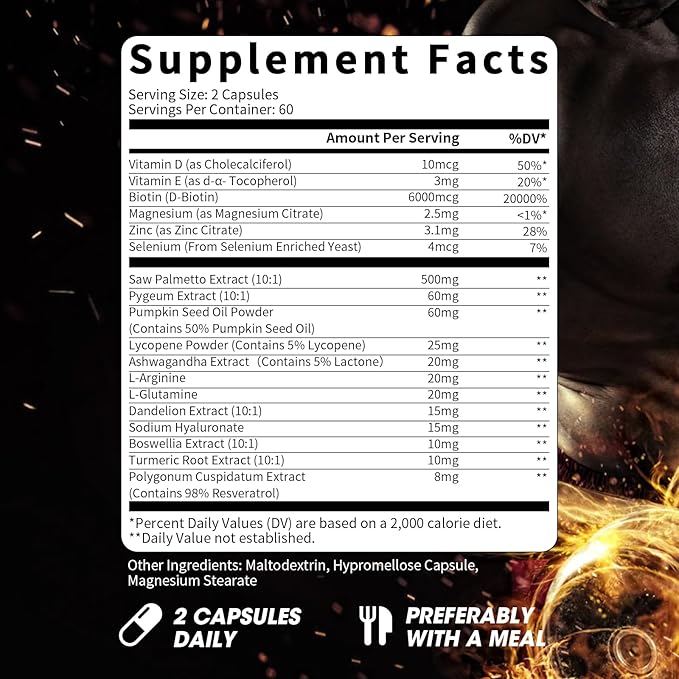 Saw Palmetto for Men – Prostate Health & Urinary Support & DHT Blocker, Hair Health with Biotin 6000mcg, Pumpkin Seed Oil, Pygeum & Lycopene – Energy & Vitality Formula, 120 Capsules