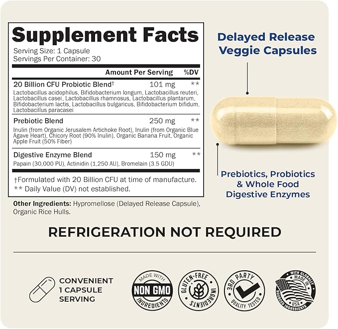 Advanced Prebiotics and Probiotics for Women & Men, Immune, Digestive & Gut Health with L. Reuteri, Inulin Fiber, Digestive Enzymes, Non-GMO, Gluten-Free, Dairy-Free, 30 Capsules