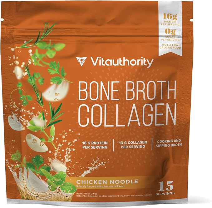 Vitauthority Bone Broth Collagen Delicious Chicken Noodle Flavored - Packed with 16g of Protein & Types I, II, III - Nourishes Skin, Hair, Nails, Joints, & Gut - Beef BoneBroth