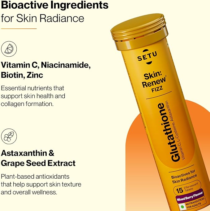 Glutathione Effervescent Tablets for Skin with 500mg L-Glutathione & Vitamin C | Sugar-Free Antioxidant Supplement for Clear, Glowing Complexion | Mixed Berry & Orange (Pack of 2) | 30 Tablets