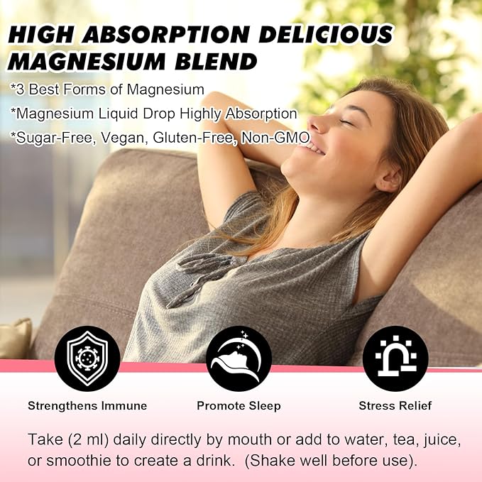 Magnesium Liquid Drop, Magnesium Glycinate Supplement Complex with Magnesium Taurate, Citrate, Calcium, Potassium, Vitamin, Zinc - Support Relaxation, Energy and Bowel Health