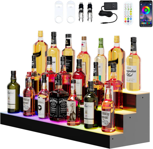 Dethan 3 Tier 40 Inch Liquor Bottle Display Shelf - Illuminated Wine Racks with Multi-Color App & Remote Control, Adjustable Brightness & Sound Modes, Acrylic Bar Shelves Displays