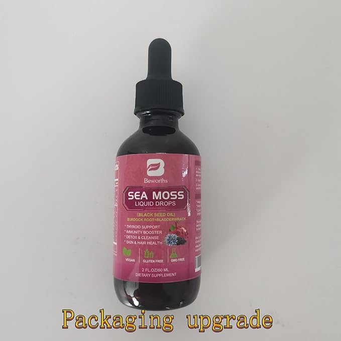 B BEWRTHS Sea Moss Liquid Drops - Black Seed Oil & Irish Sea Moss Gel with Burdock Root Bladderwrack, Elderberry, 6X Stronger Qrganic Seamoss Raw Supplement for Digestive, Hair Health - Vegan, 2 Fl.oz