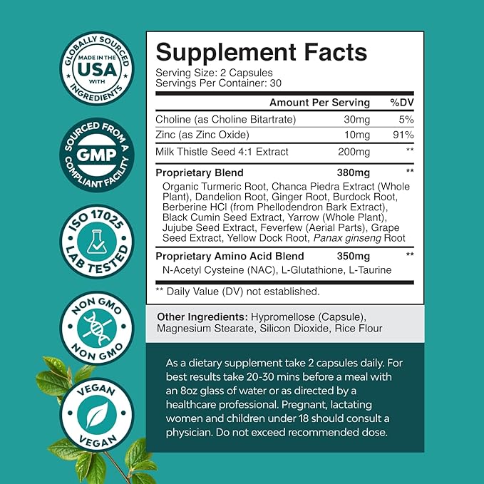 Liver Support NAC Supplement with Milk Thistle for Liver Cleanse Detox & Repair - N Acetyl Cysteine Supplement for Liver Cleanse with Turmeric, Choline, Dandelion & L-Glutathione - 60 Caps