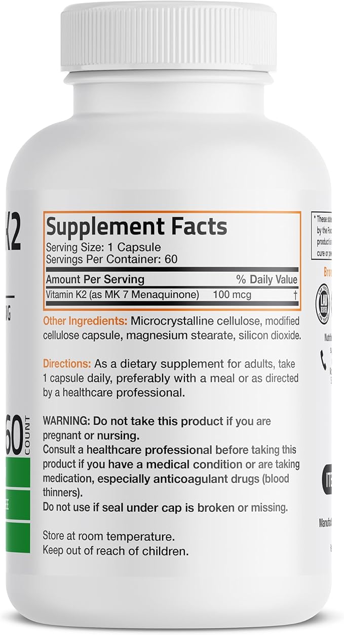 Bronson Vitamin K2 as MK-7 Menaquinone 100 mcg Non-GMO, 60 Capsules