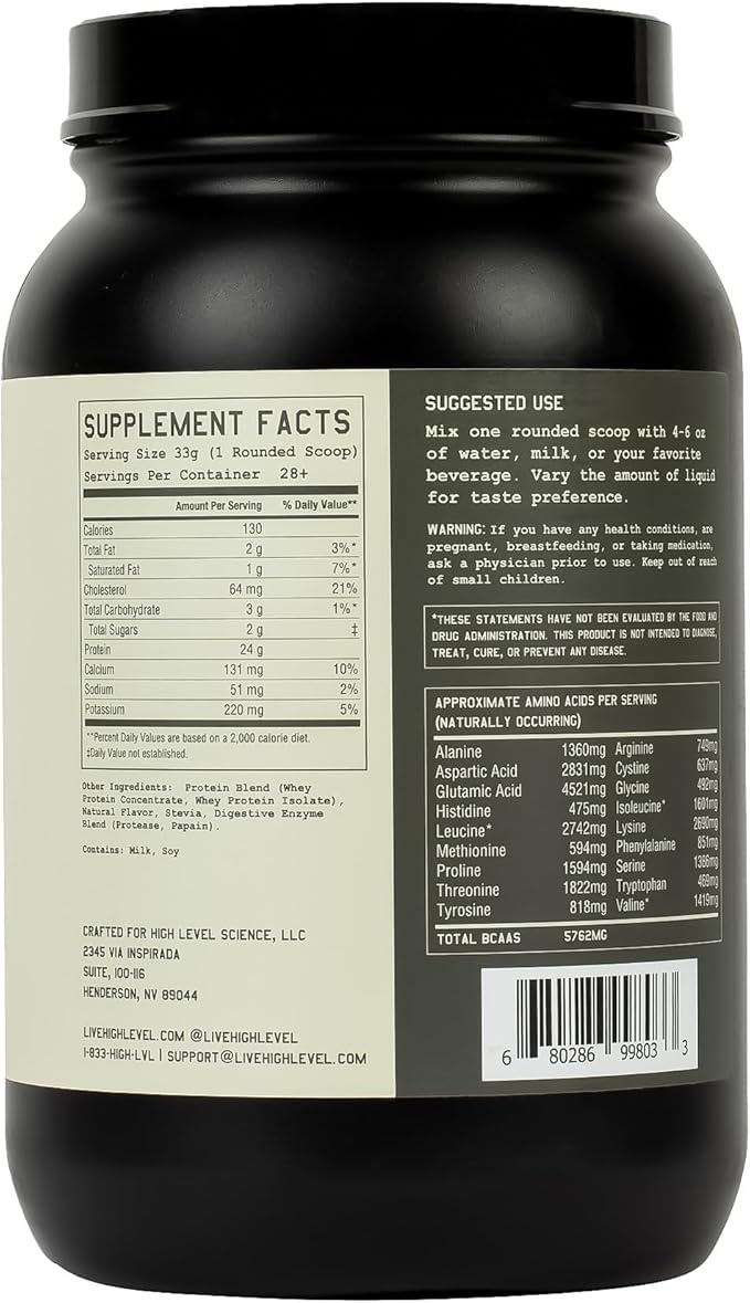 High Level Whey Protein Powder Vanilla Stevia – Natural Whey Protein, Ultra Filtered, Non-GMO, 24g Protein, Digestive Enzymes, No Artificial Flavors or Colors, Gluten Free, 2 lb Bottle, Made in USA