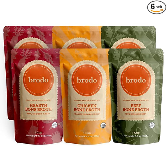 Brodo Classic Variety Pack with Collagen & Protein, Includes Organic Chicken, 100% Grass-Fed Beef, & Hearth Bone Broths for Sipping & Cooking, Nutrient-Dense & Slow-Simmered for Deep Flavor (6x 8.3oz)