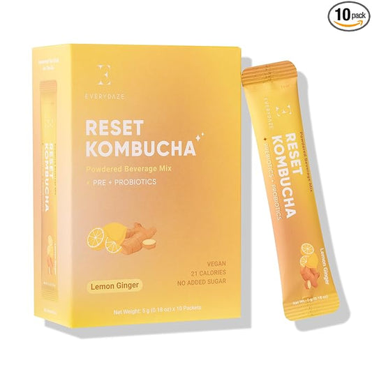 Everydaze Reset Kombucha Tea Powdered Beverage Mix | 10 Sticks | Prebiotics + Probiotics | Vegan | No Added Sugar, Gluten Free, Sparkling Powder Drink Pack (Lemon Ginger)