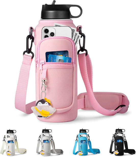 Water Bottle Holder with Strap for Hydroflask 32oz 40oz, Carrier Sling Bag with Phone Pocket Water Bottle Sleeve for Men Women Hiking Camping Travelling