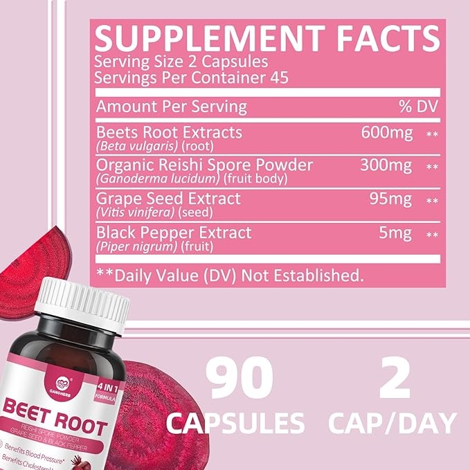Beet Root Capsules 24000mg with Grape Seed Extract, Beetroot Supplement 4 in 1 with Reishi Mushroom, Black Pepper to Support Circulation, 90 Rapid Release Capsules