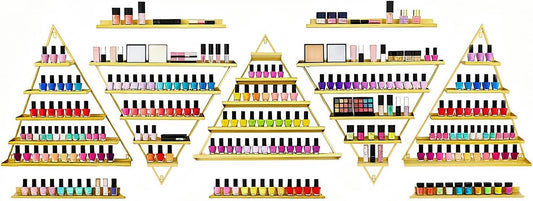 10PCS Gold Triangular Nail Polish Racks, 5 Tiers Wall-Mounted Nail Polish Racks Cosmetic Display Rack Essential Oil Organizers Lipstick Perfume Wall Shelf for Home Spa Nail Salon Shop