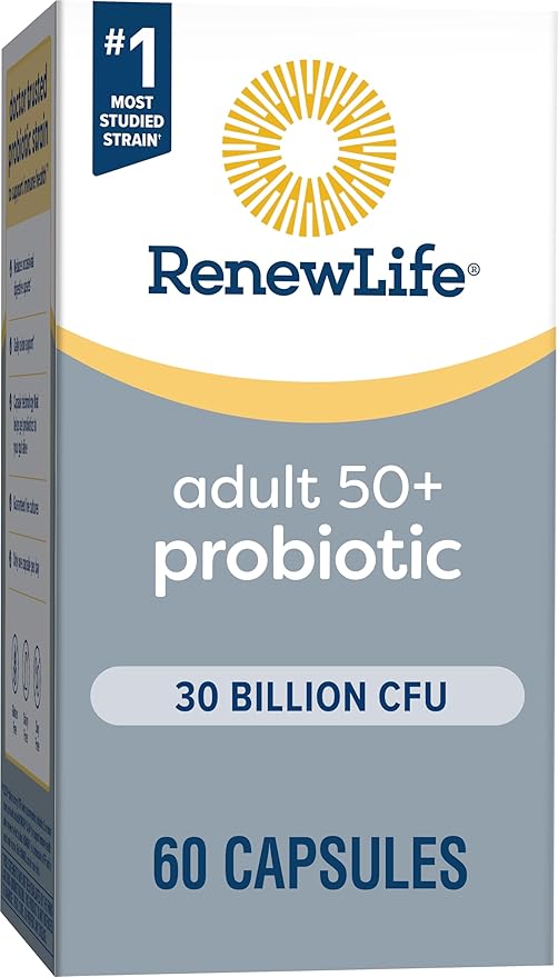 Renew Life Probiotic Adult 50 Plus Probiotic Capsules, Daily Supplement Supports Urinary, Digestive and Immune Health, L. Rhamnosus GG, Dairy, Soy and gluten-free, 30 Billion CFU, 60 Count