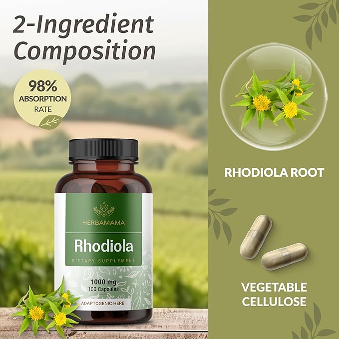 HERBAMAMA Rhodiola Rosea Supplement Capsules - 1000mg Rhodiola Rosea Extract for Relaxation, Focus & Brain Support - Vegan, Non-GMO Calming Supplement for Adults, 100 Caps