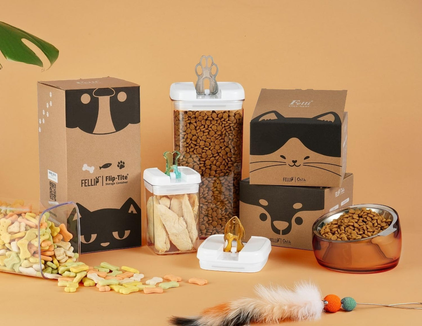 Felli Flip Tite Pet Food Container with Airtight Lids, BPA FREE Acrylic Canister with Paw Bone Fish Flip Top Handles for Cat Dog Kibble Treats Storage, Keep Fresh (Pet Collection Nest-L 3pk)