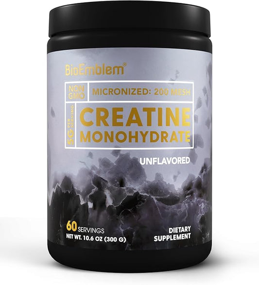 BioEmblem Creatine Monohydrate Powder – Micronized, Unflavored, 5000mg Per Serving(5g) – Supports Muscle Strength, Workout Recovery & Performance Creatine Supplement– Vegan, Non-GMO, 60 Servings
