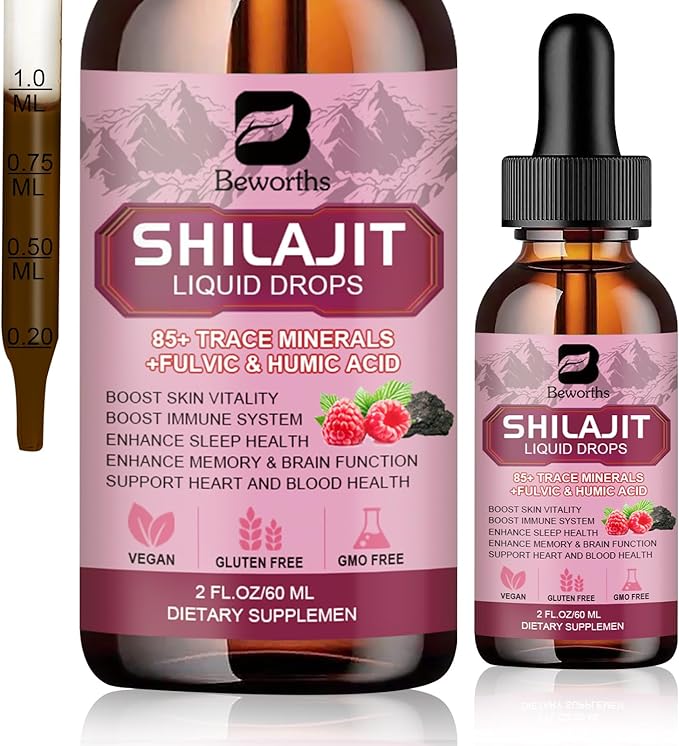 Shilajit Resin Liquid Drops | Organic Shilajit 85+ Trace Minerals Complex with Ashwagandha, Turmeric, Ginseng, Chaga Supplement for Digestion Support, Energy Booster - Vegan