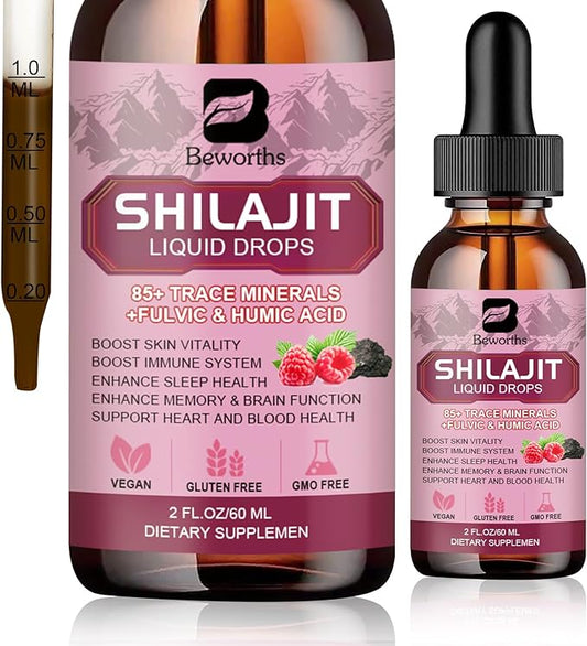 Shilajit Resin Liquid Drops | Organic Shilajit 85+ Trace Minerals Complex with Ashwagandha, Turmeric, Ginseng, Chaga Supplement for Digestion Support, Energy Booster - Vegan