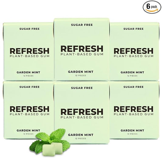 Refresh Gum, Xylitol, Natural, Sugar Free, Aspartame Free Chewing Gum, Plastic Free, Natural Flavors & Organic Ingredients, Plant-Based, Low Calorie, Non GMO, Gluten Free, Vegan, Garden Mint Flavor, 12 Pcs, 6 Pack