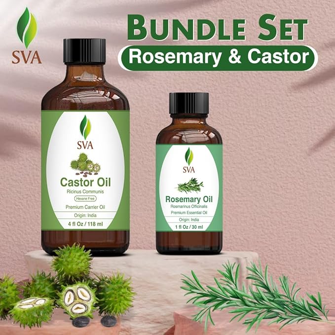 SVA Rosemary Essential Oil 1oz and Castor Oil 4oz Bundle Super Saver Combo – Premium Grade Value Set for Hair Oiling, Scalp Massage, Hair Care, Skin Care and Body Massage