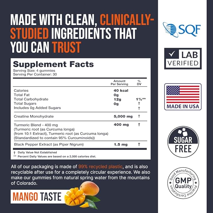 Creatine Monohydrate Gummies 5000 mg, Mango Flavor, 120 Sugar-Free Vegan Chews, Creatine Supplement for Daily Routine, Pack of 3
