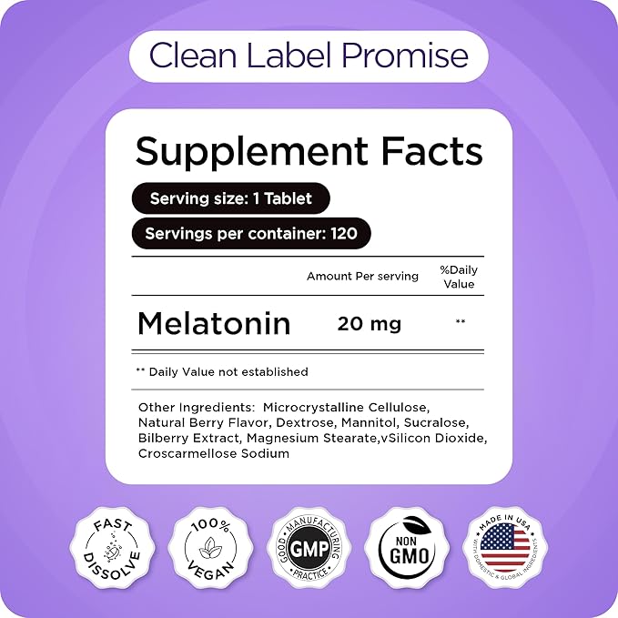 Melatonin 20mg Fast Dissolve Tablets - High Potency, Fast Acting, Natural Sleep Support - Sleep Aids for Adults - Non-Groggy, Drug-Free Formula - 120 Sleeping Pills - Pack of 2