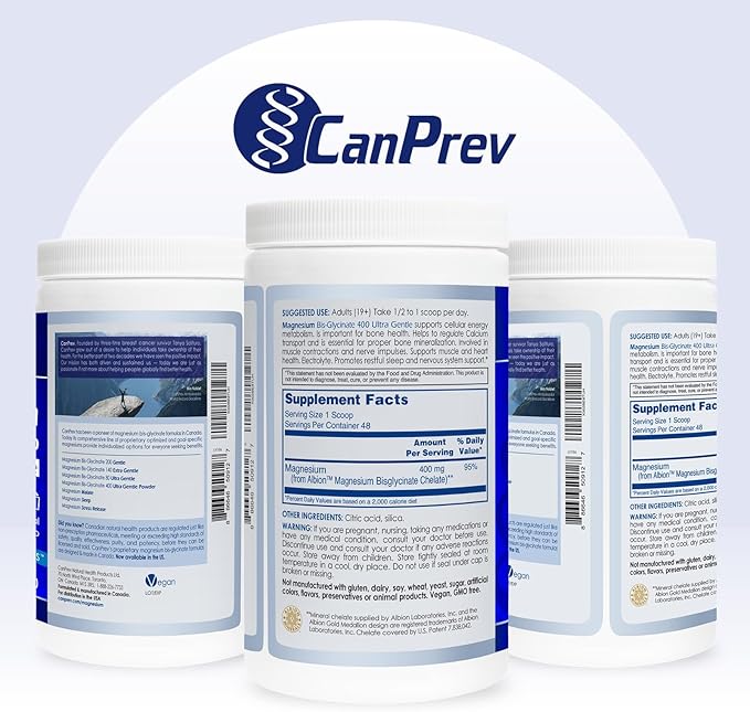CanPrev Magnesium Bisglycinate 400 Ultra Gentle Powder 240g 48 Servings, 400mg Elemental Magnesium Per Scoop, Supports Restful Nights, Muscle Function, Gentle on Digestion, Vegan, Non-GMO, Gluten-Free