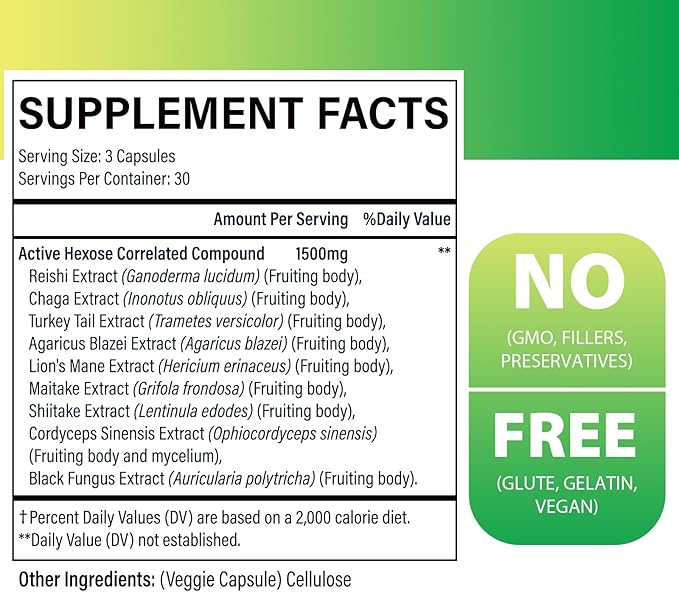 Active Hexose Correlated Compound 1500 mg Supplement, Natural 8 Mushroom Extract Supplement, Immune System, Liver Function, Natural Killer and T Cells Activity, 900 Veggie Capsules