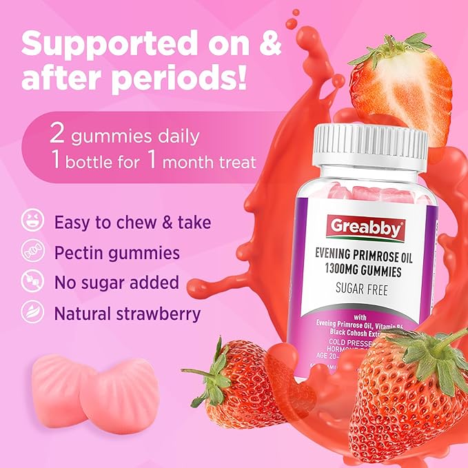 Evening Primrose Oil Gummies for Women, 1300mg with Black Cohosh & Vitamin B6, Sugar-Free, PMS Relief Supplements for Women 20-45, Support Skin Health, Strawberry Flavor, Vegan, Pectin, 60 Count