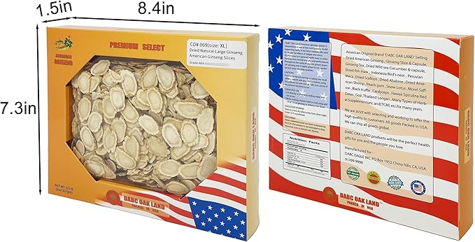 DOL Hand-Selected A Grade Cultivated Wisconsin American Ginseng Roots,Pearl Ginseng Slices Root X-Large 美國威斯康辛州西洋參/花旗參 禮盒裝 8OZ/Box Energy for Men & Women Ginseng in Soup, Tea