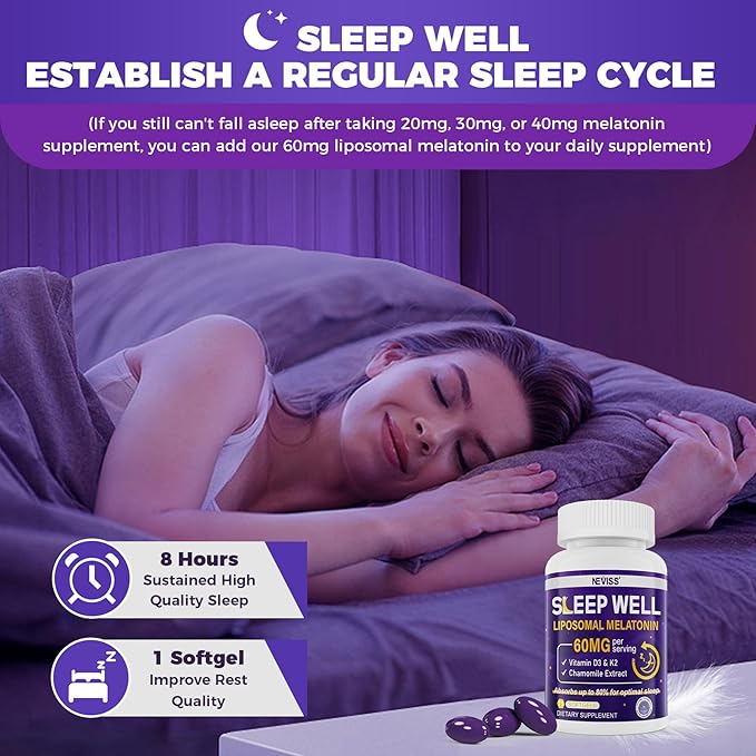 Melatonin 60mg for Adults High Dose, Supports Deep Rest & Brain Cognition, Extra Strength Liposomal Melatonin with Vitamin D3 K2, Chamomile, for Sound Zzz Cycle, Immune & Antioxidant, 150 Softgels