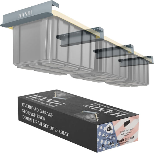 HANDT Overhead Garage Storage Rack, Connectable Heavy Duty Metal Ceiling Rails For Garage Storage Organization Shelving System, Hanging Racks For Tote Containers, Supports Up To 3 Bins, 2 Sets Gray