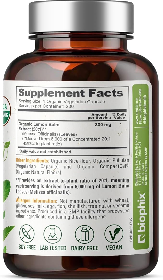 biophix Lemon Balm Capsules USDA Organic 20:1 Extract 300 mg 200 Veggie Caps - Cognitive Health Stress Sleep Mood Support Natural Herbal Supplement